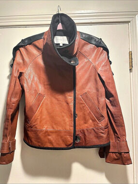 Veronica Beard Lafayette Cognac Black Shawl-Collar Goat Leather Jacket Size 6